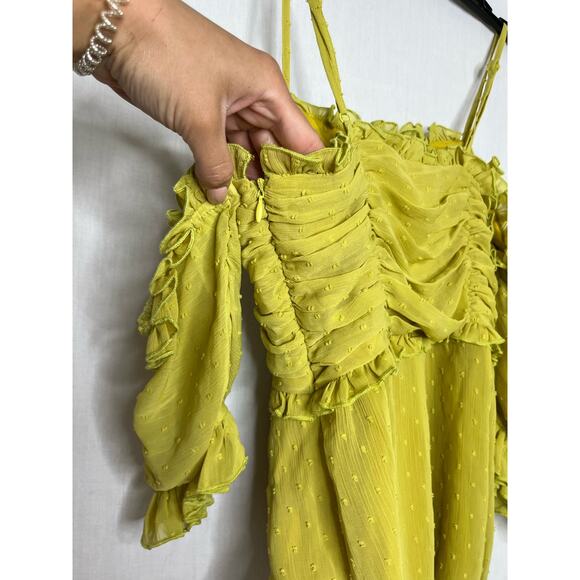 TOBI Bardot Square Neckline Off the Shoulder Ruched Green Sundress Dress XS - Picture 5 of 6